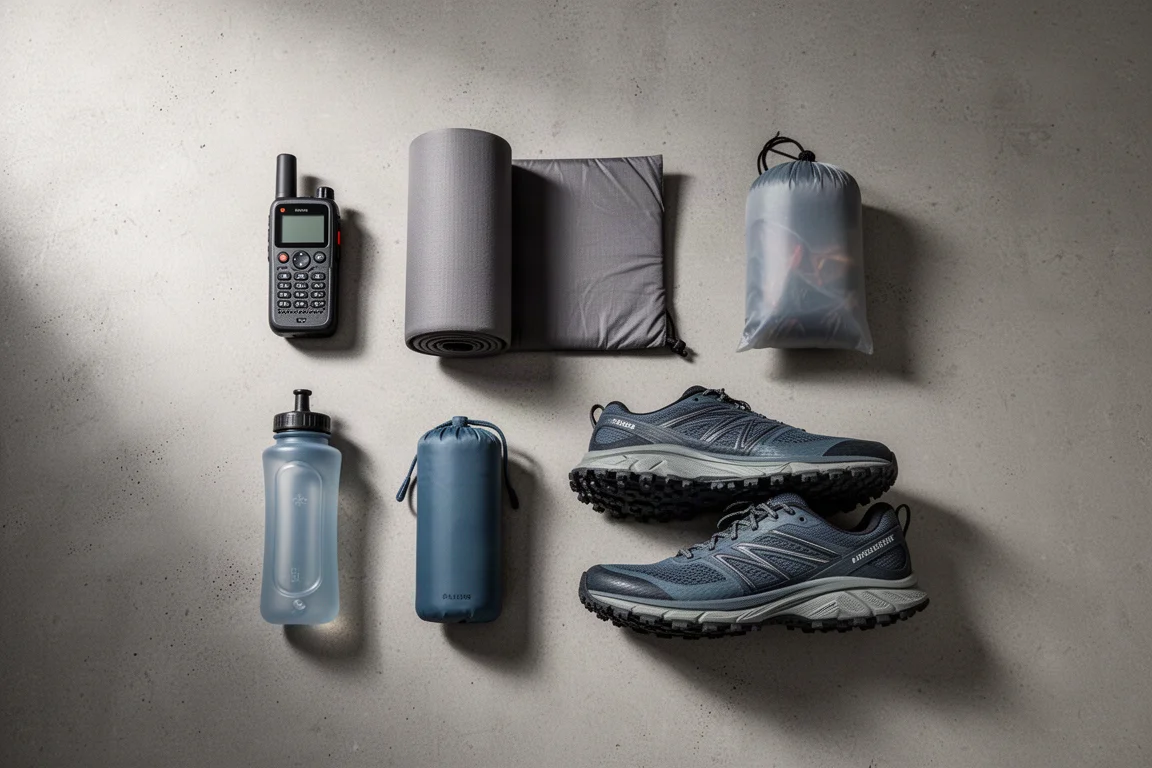 Overhead flat-lay of backpacking gear including a tent, sleeping pad, communicator, shoe and filter bottle