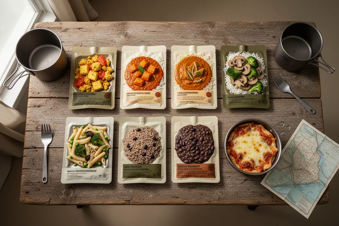Overhead flat-lay of eight opened backpacking meal pouches with camp cookware on a wooden table