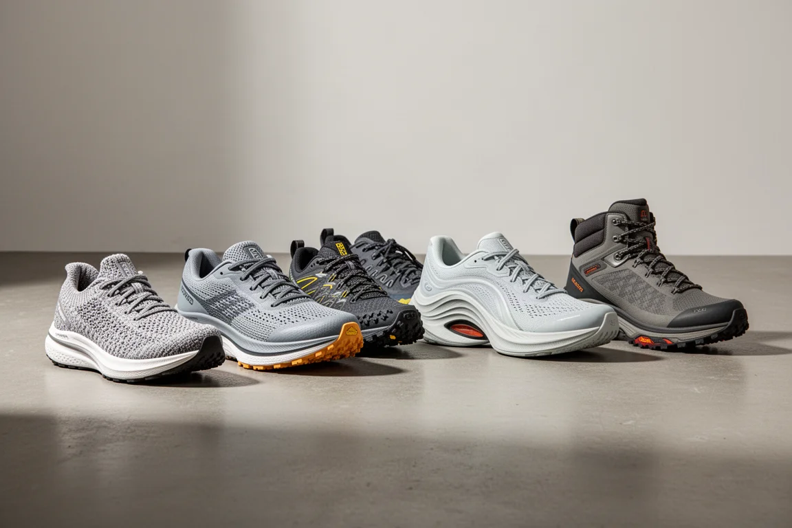 Six running and trail shoes from the Fresh Foam family arranged in a row on concrete