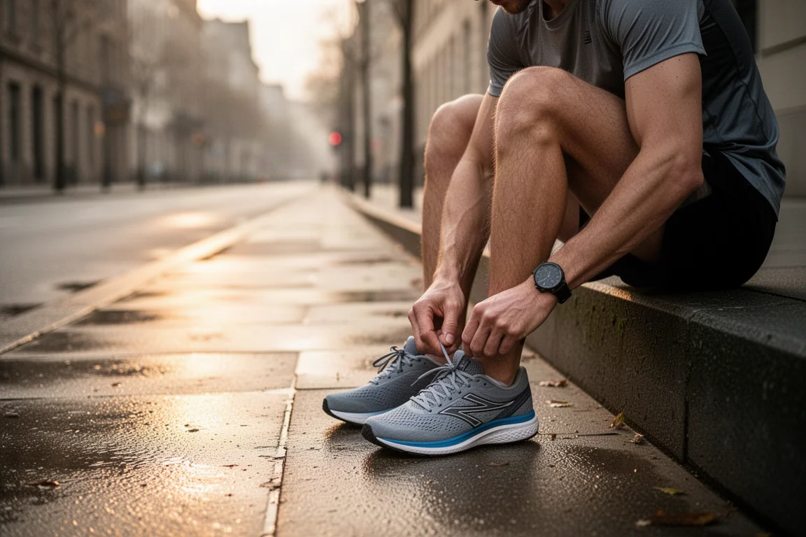 Un coureur attache ses chaussures de running sur un trottoir calme à l'aube