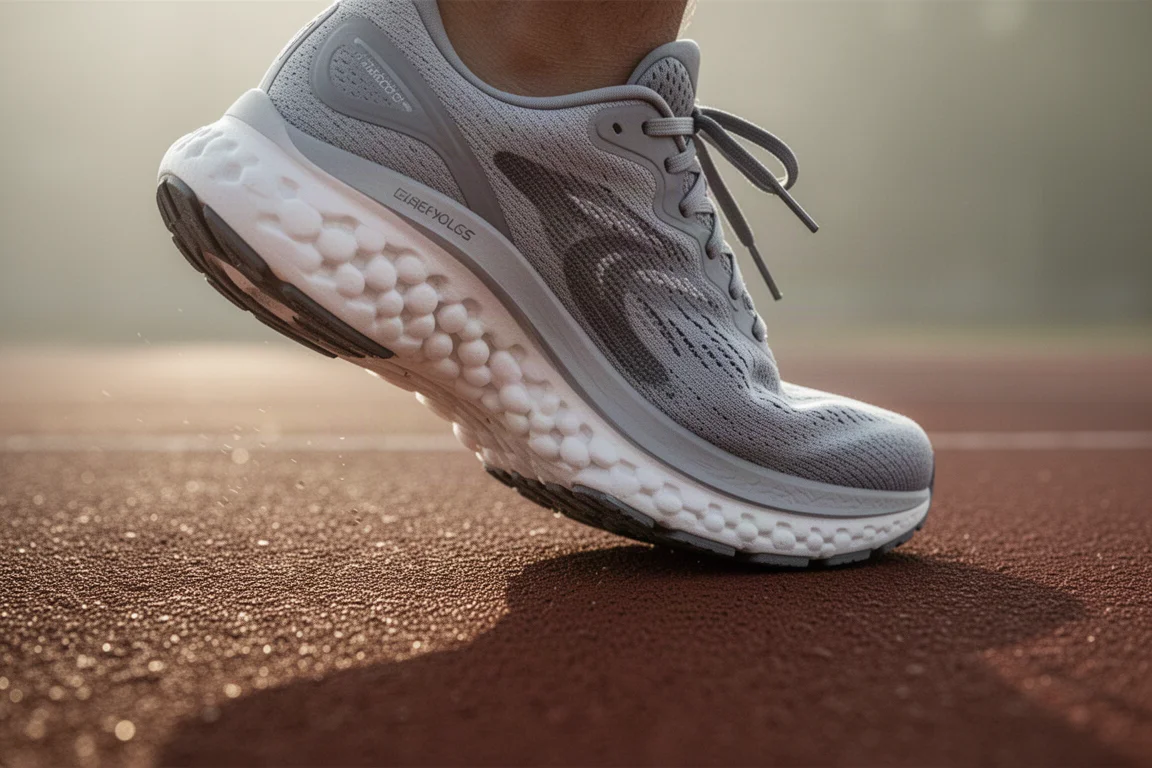 Gros plan sur la semelle intermédiaire souple d'une chaussure de running qui fléchit lors d'une séance au seuil