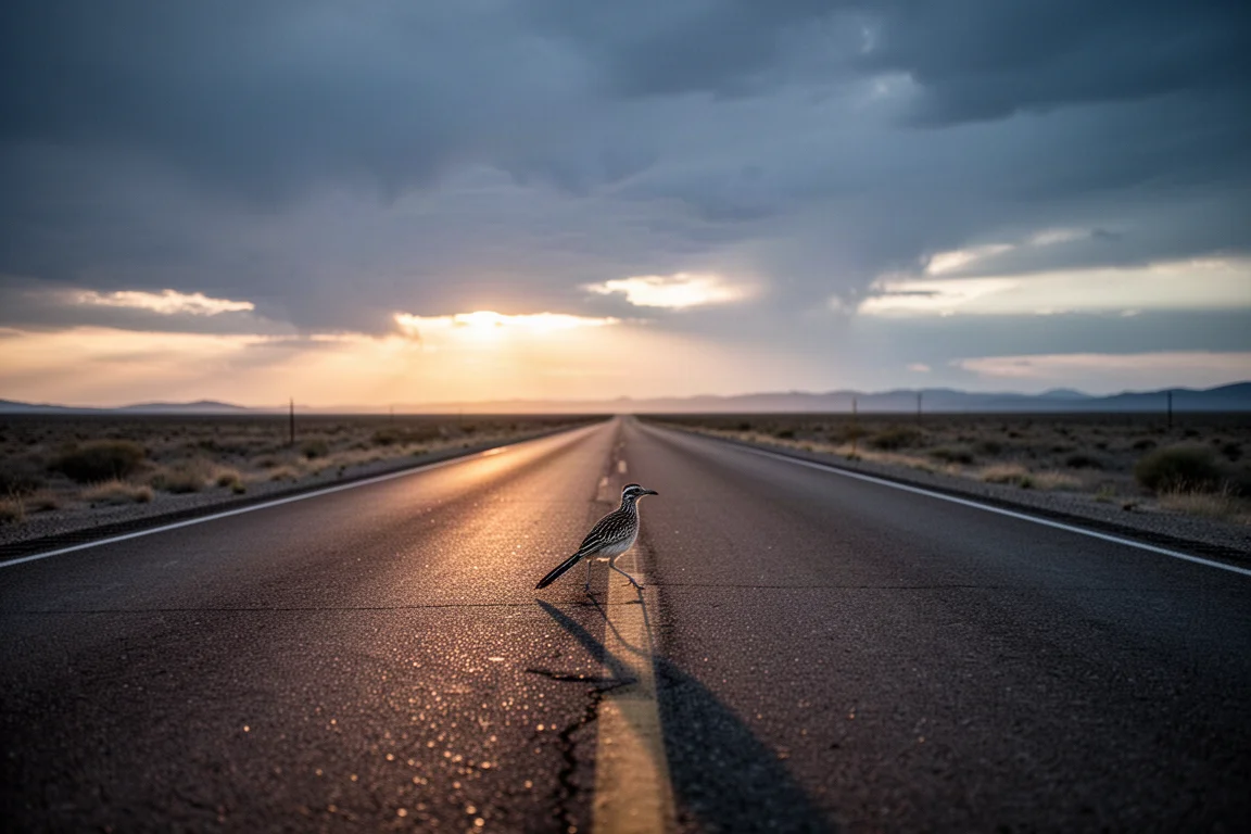 Un coureur sur route avance dans une longue étendue ouverte au crépuscule