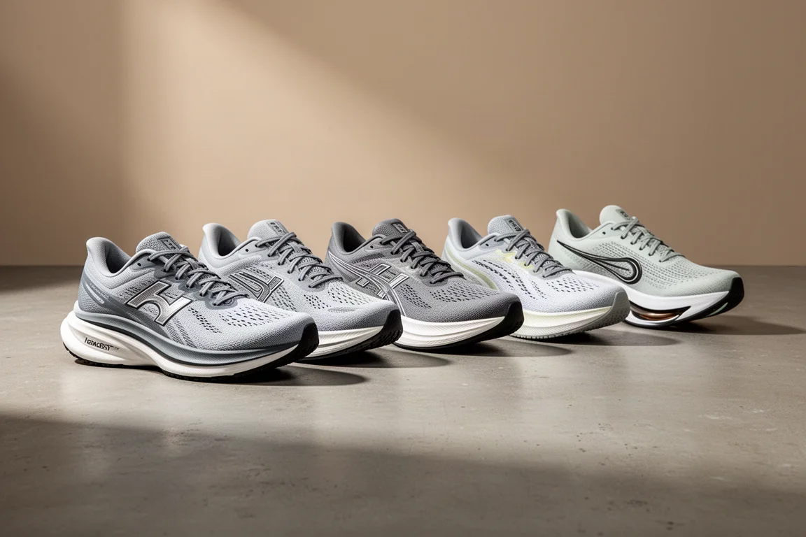 Lineup of six New Balance running shoes on a concrete surface