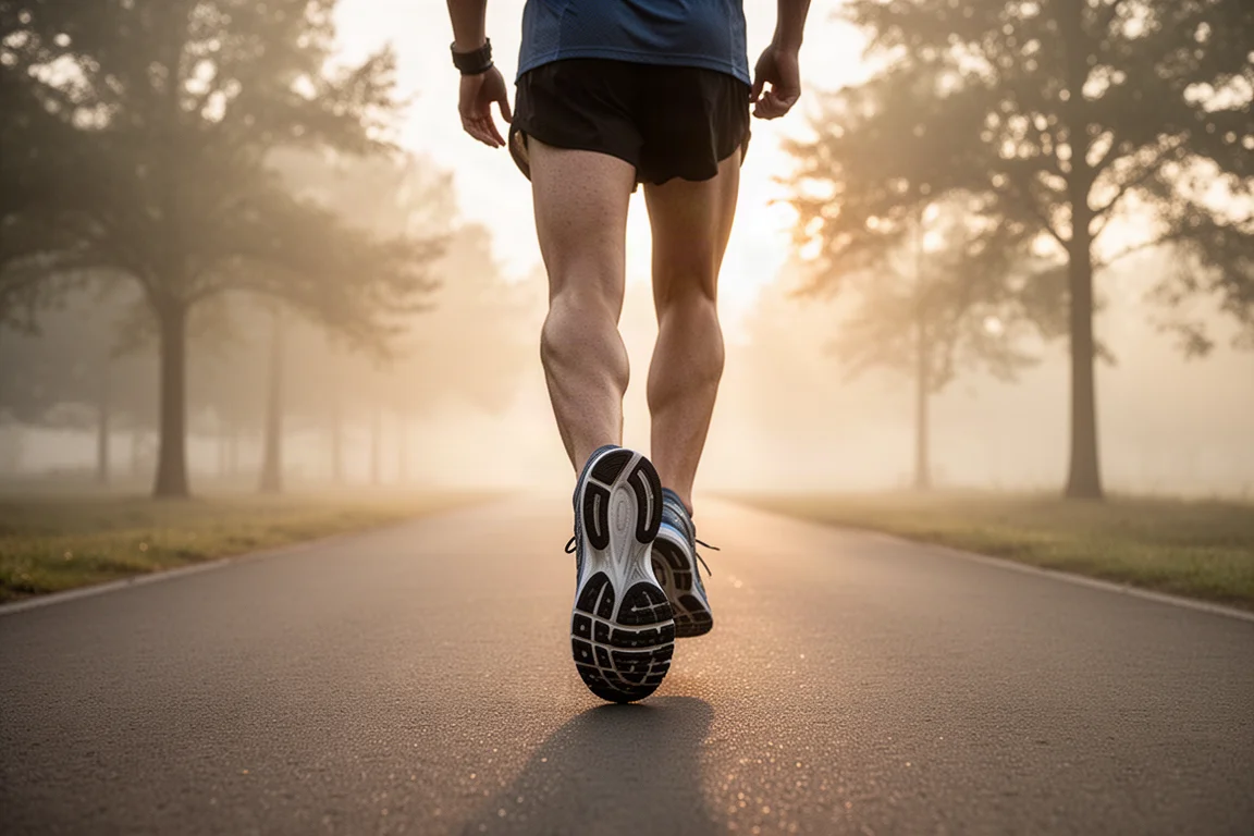 Läuferin geht bei sanftem Morgenlicht auf einem gepflasterten Weg in gedämpften Trainingslaufschuhen