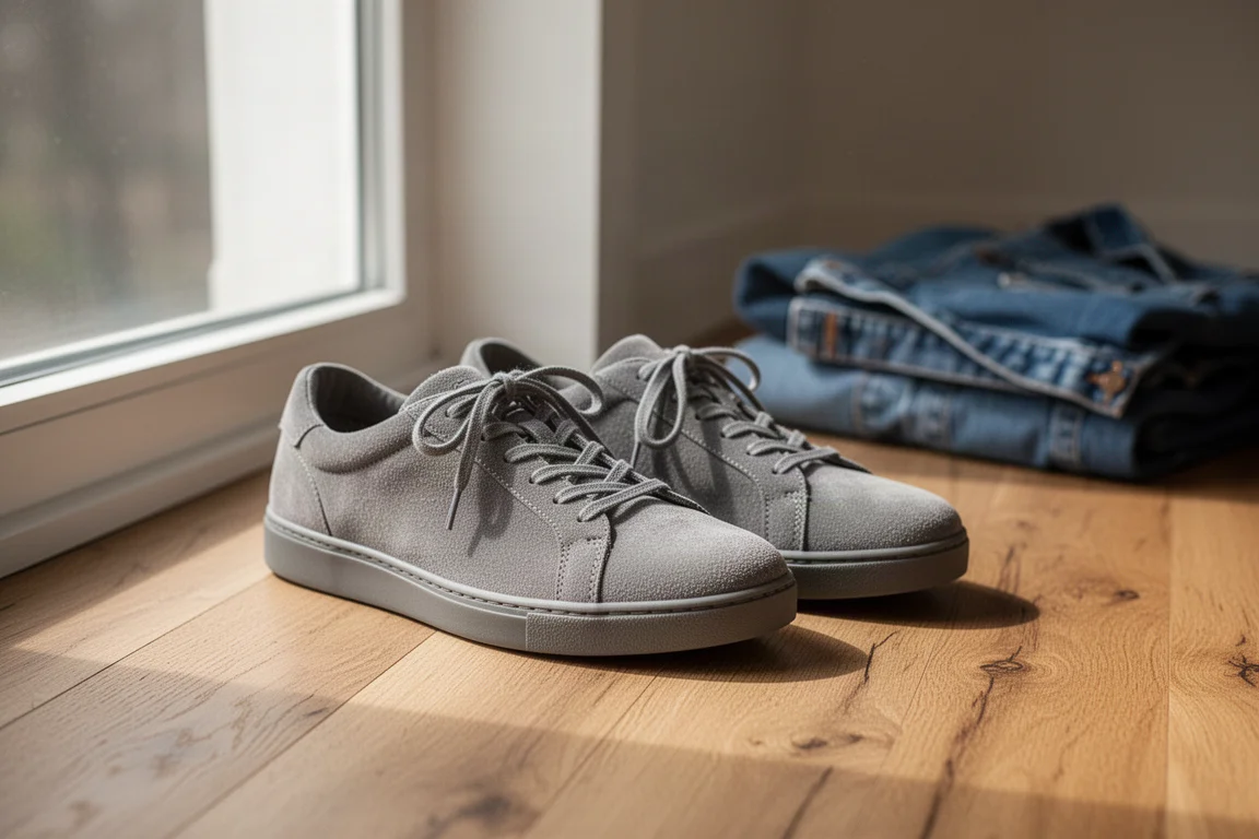 Paar graue Wildleder-Lifestyle-Sneaker auf Holzboden neben einem Fenster
