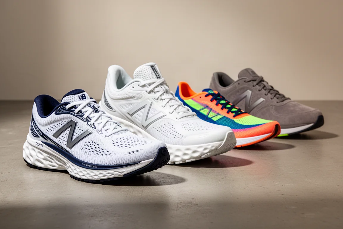 Lineup of New Balance running and lifestyle shoes on a concrete studio surface