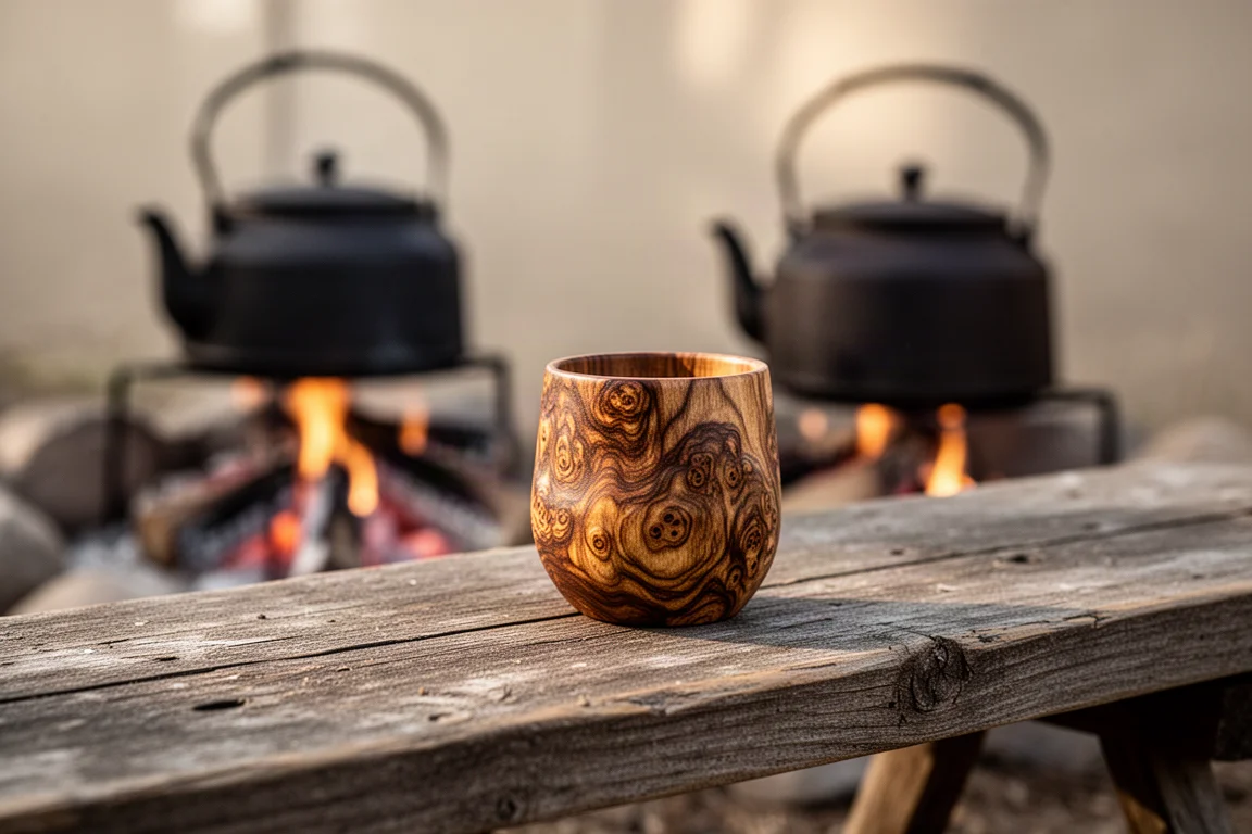 Taza de madera tallada apoyada sobre una mesa de campamento rústica