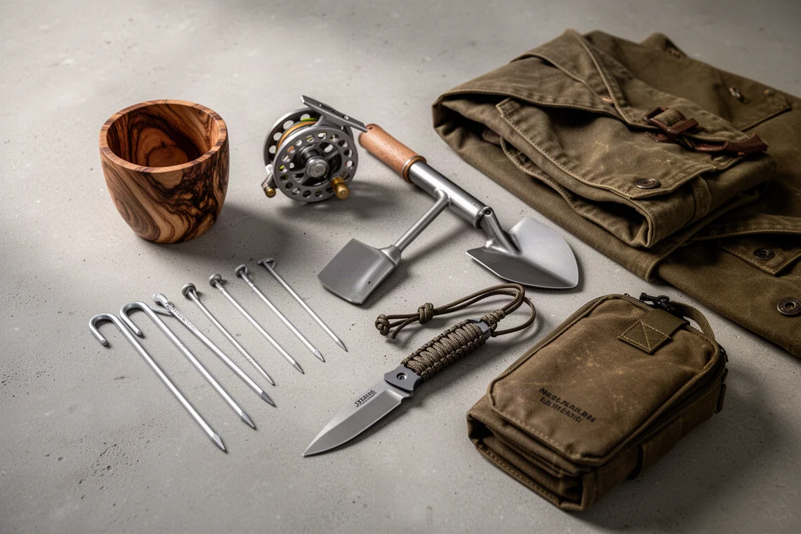 Flat-lay of bushcraft gear including a wooden cup, hand reel, titanium tools, and waxed canvas jacket