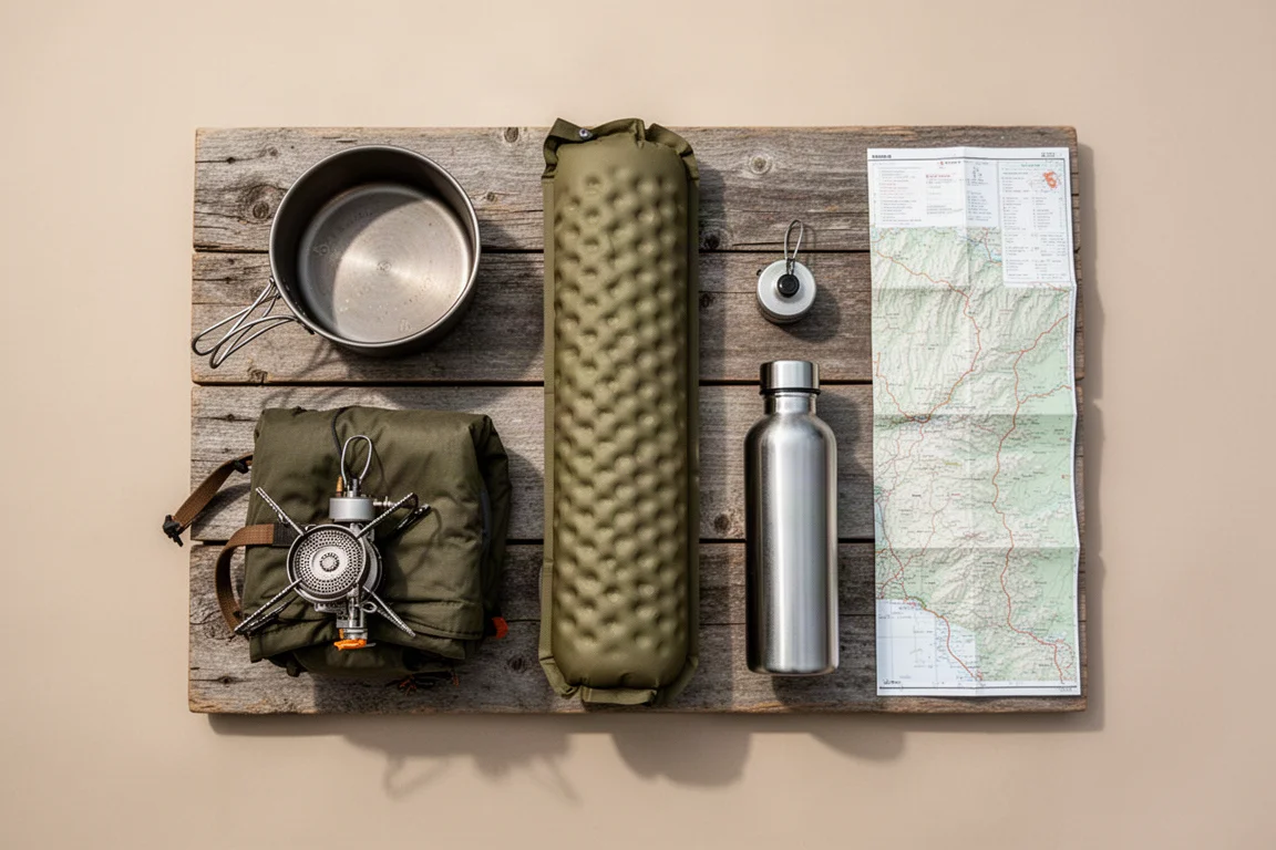 Vue à plat d'équipement de camping et de randonnée sur des planches de bois patinées