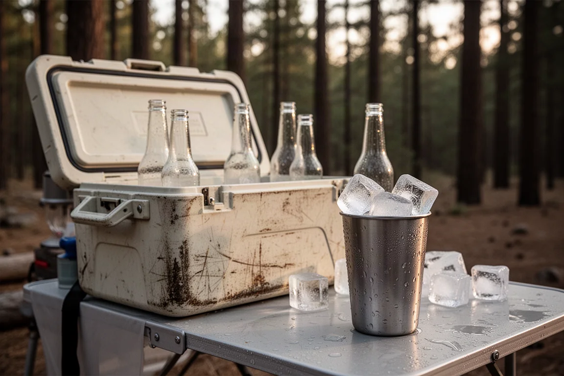 Table de camping avec glacière ouverte, boissons et glaçons transparents dans une lumière chaude