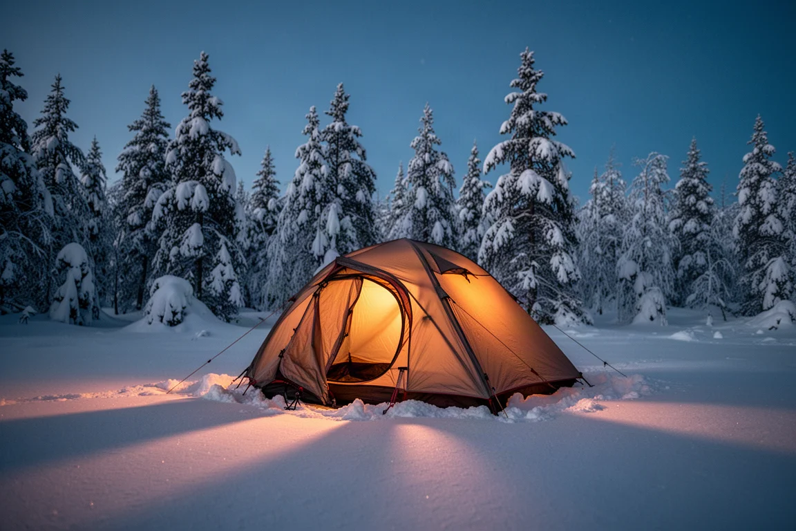 Tente d'hiver plantée dans la neige au crépuscule avec une lumière chaude à l'intérieur