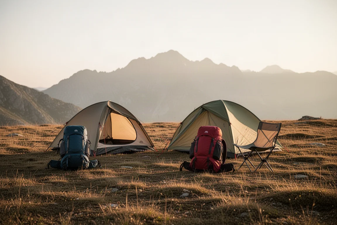 Campamento disperso en un prado alpino a la hora dorada con una tienda pequeña y una mochila preparada
