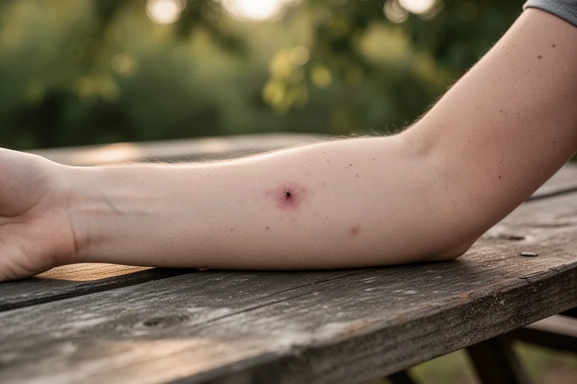 Antebrazo apoyado en una mesa de picnic desgastada que muestra una pequeña picadura de insecto con luz suave
