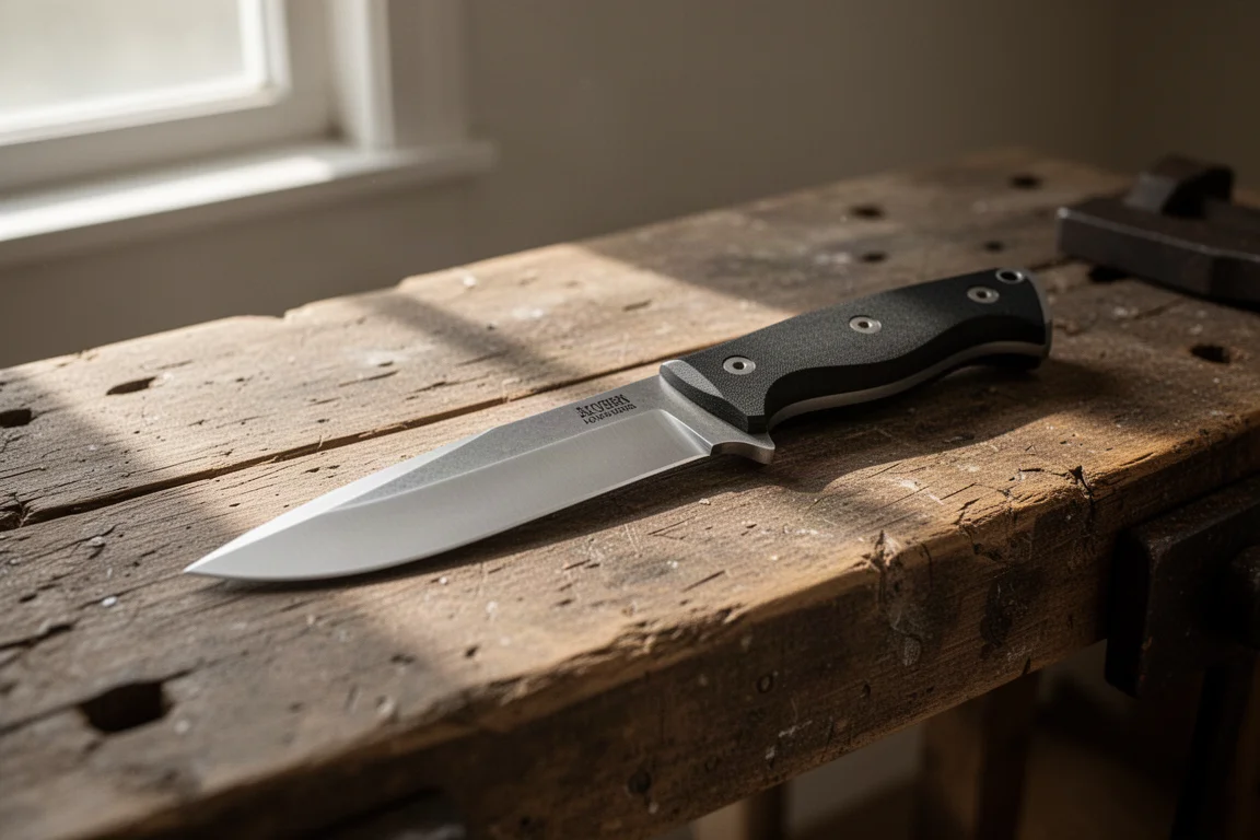 Fixed-blade hunting knife resting on a wooden workbench in natural window light