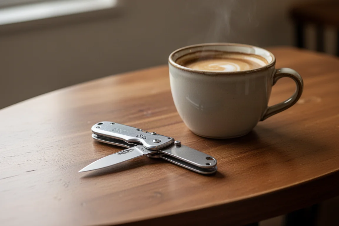 Small folding pocket knife lying closed on a cafe table beside a coffee cup