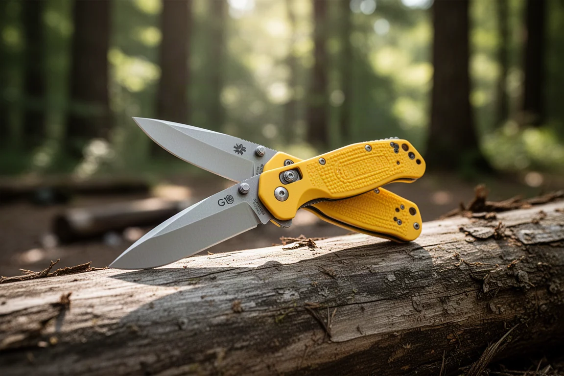 Bright yellow folding knife on a campsite log with blurred forest background