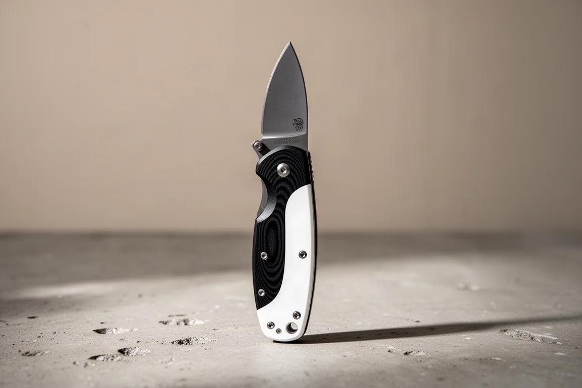 Black and white split-color G10 pocket knife held upright against a neutral grey backdrop