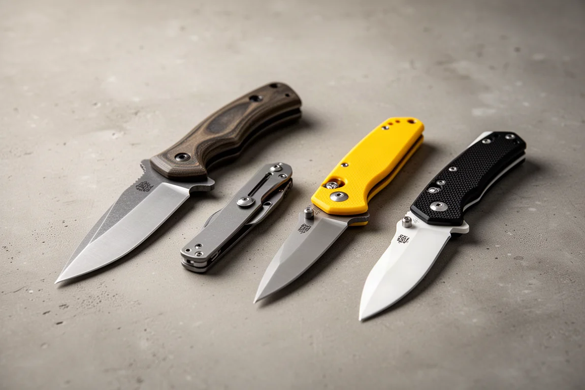 Four Civivi knives including a hunting fixed blade, a small folder, a yellow G10 folder, and a black and white split-color folder