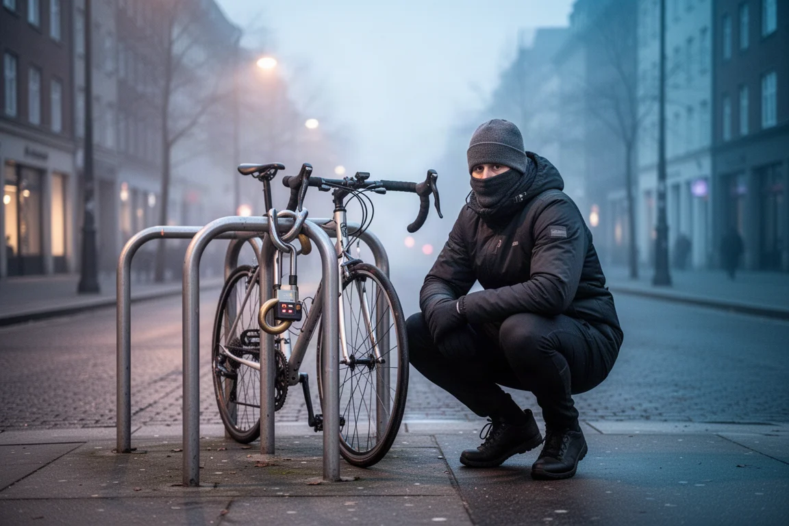 Cyklist som hukar bredvid en låst cykel på en tom stadsgata i gryningen