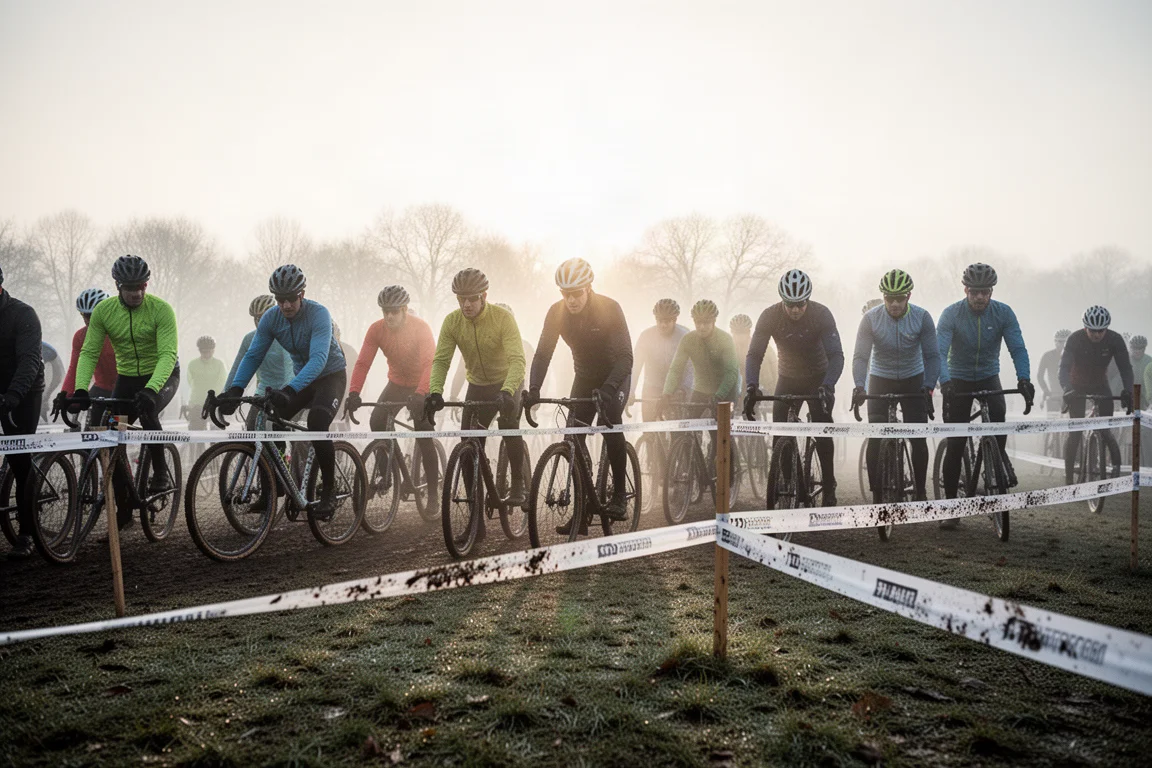 Cyklocrosscyklister som väntar vid en kall, dimmig startlinje på vintern