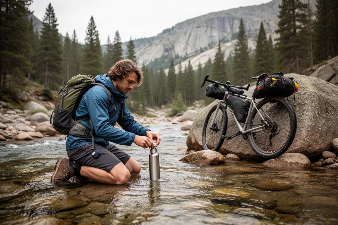 Bikepacker som fyller en metallvattenflaska från en bergsbäck