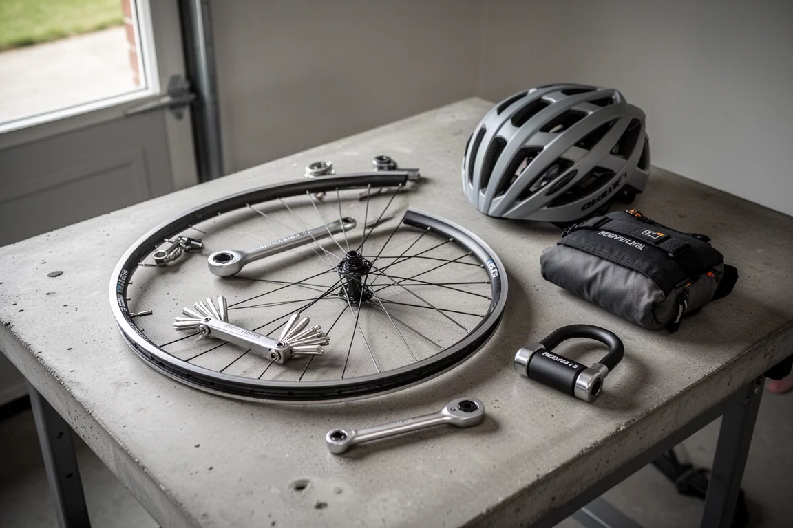Vy ovanifrån av en garagearbetsbänk med cykelverktyg och tillbehör