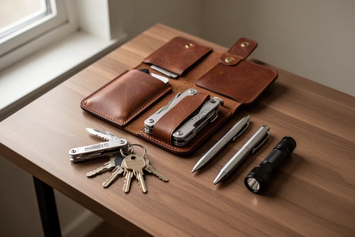 Leder-EDC-Organizer mit daneben ausgelegtem Multi-Tool, Schlüsseln, Kugelschreiber und Taschenlampe