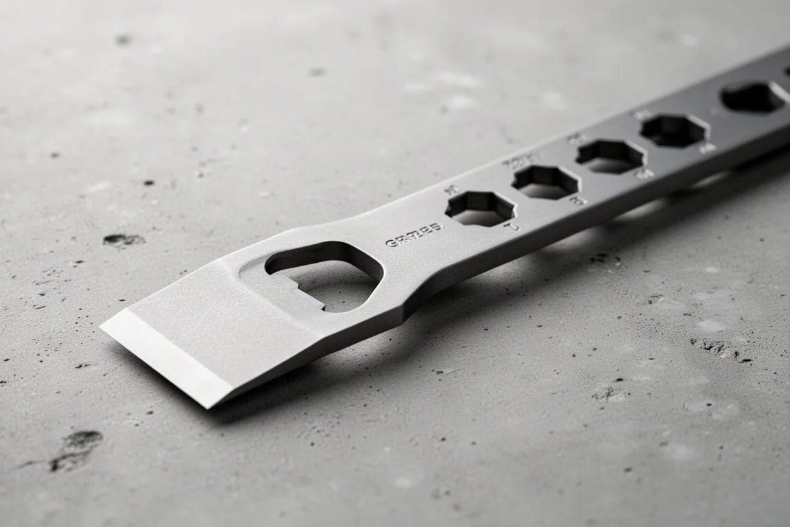 Nahaufnahme der Spitze einer Titan-Pry Bar mit integriertem Flaschenöffner und Schraubenschlüssel-Aussparungen