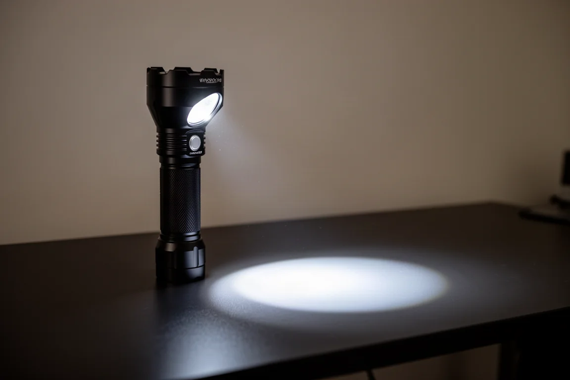 Schwarze LED-Taschenlampe wirft einen gebündelten Strahl über eine Schreibtischfläche