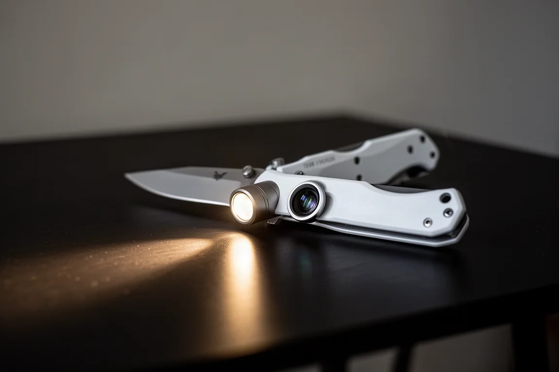 Cuchillo plegable con hoja de patrón damasco ondulado y cachas intercambiables sobre hormigón
