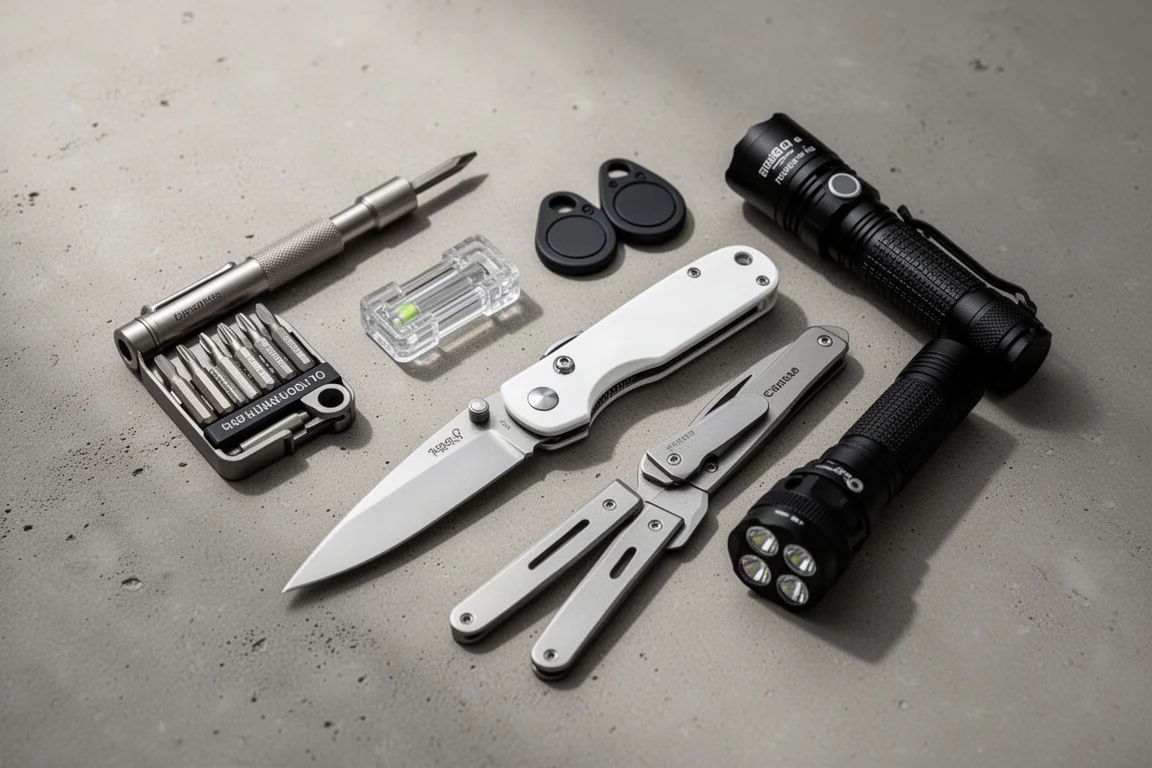 Flat-Lay-Anordnung von zehn Everyday-Carry-Tools, darunter Schraubenzieher, Slider, Finder, Messer und Taschenlampe, auf Beton