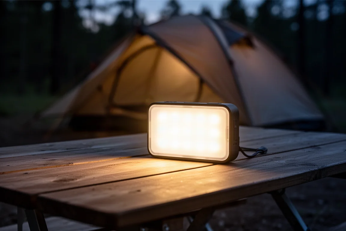Lampa kempingowa LED świecąca ciepłym światłem na stole na campingu o zmierzchu