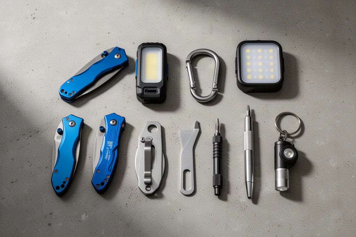 Flat-Lay von zehn EDC- und Outdoor-Gear-Teilen auf einer Betonoberfläche