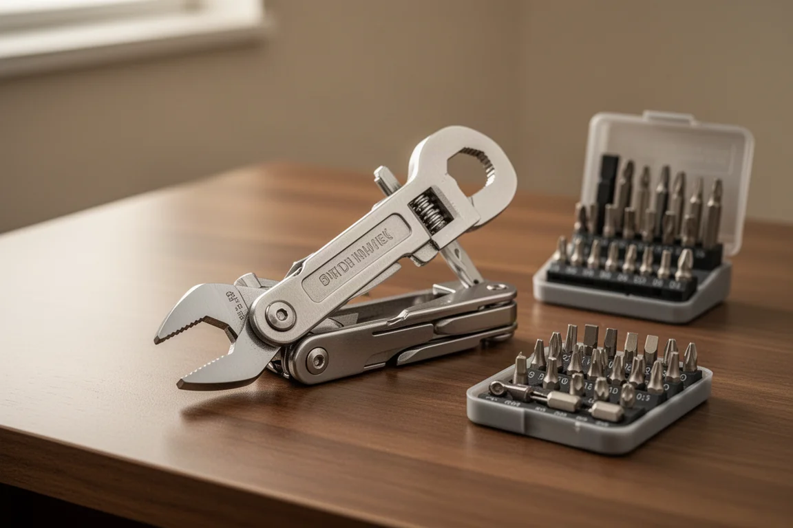 Kompaktes Multitool mit geöffnetem verstellbarem Schraubenschlüssel auf einem Holztisch
