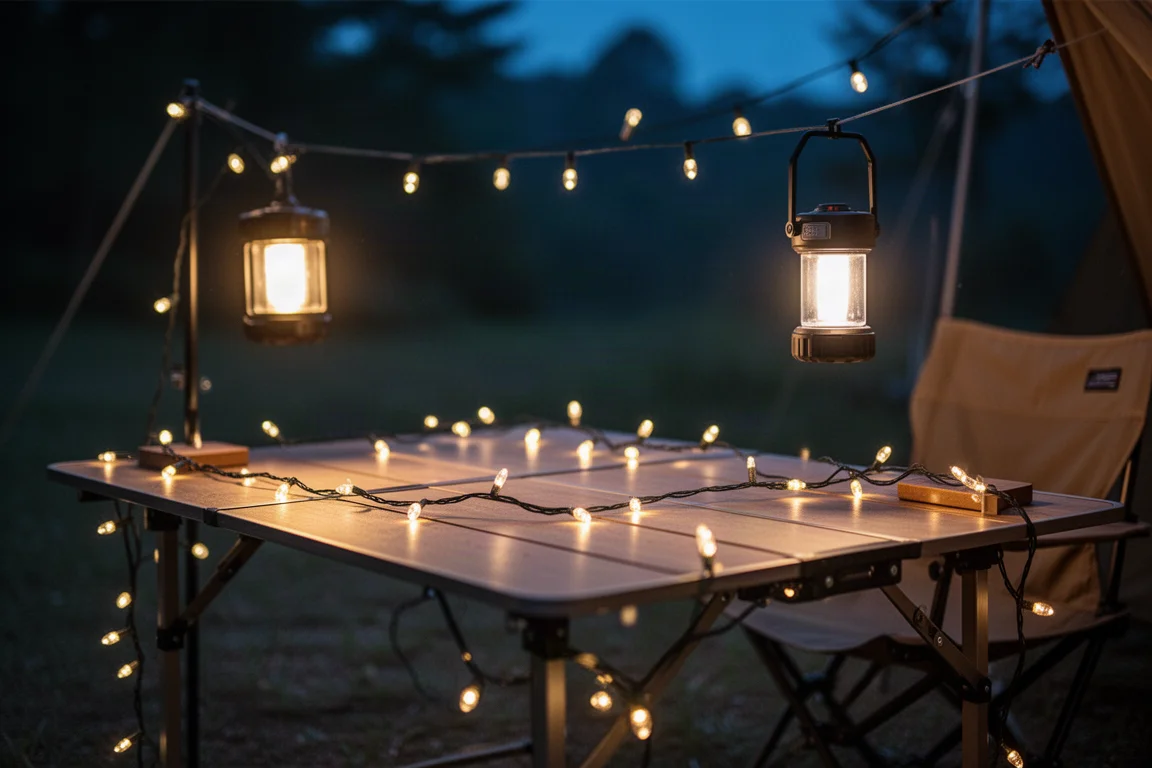 Warmes Licht einer Lichterkette rund um einen Campingtisch in der Dämmerung