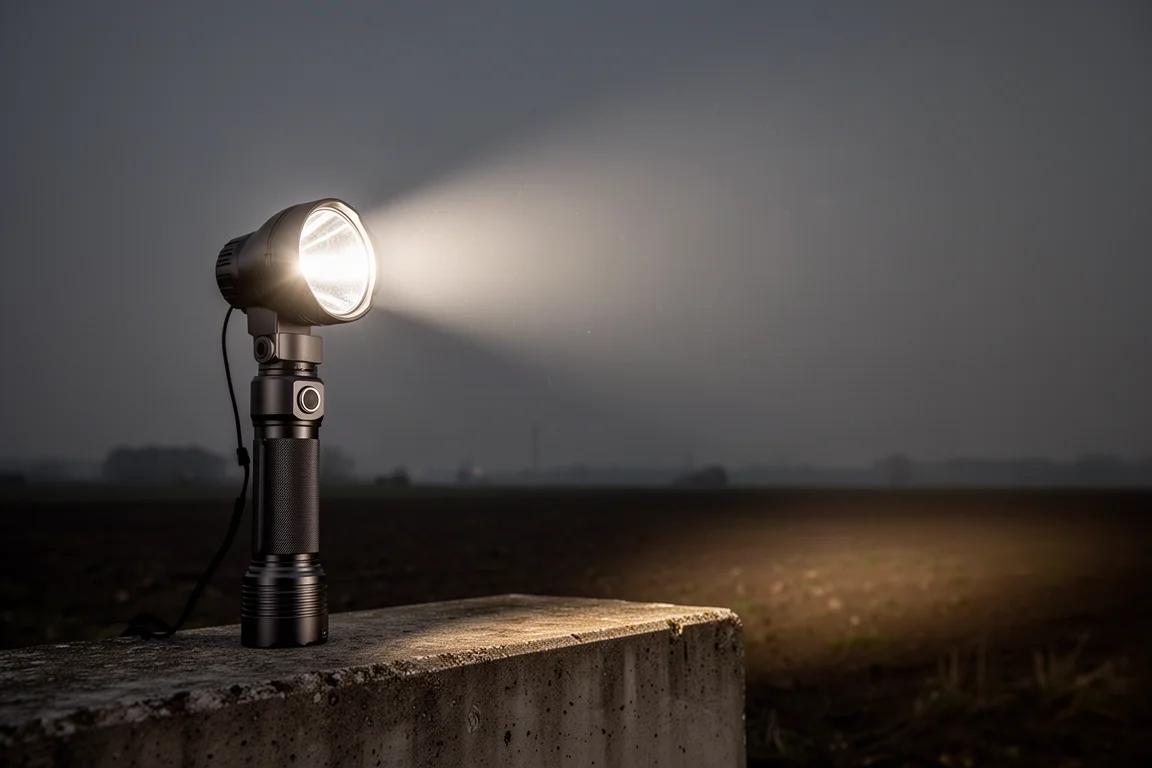 Taschenlampe wirft einen breiten Flutlichtkegel über einen dunklen Weg