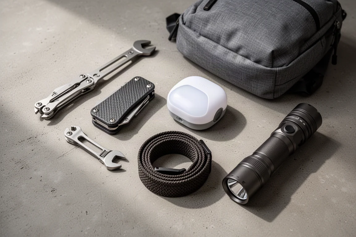Six everyday carry products including a multitool, AirTag case, camping light, backpack, belt, and flashlight arranged on concrete