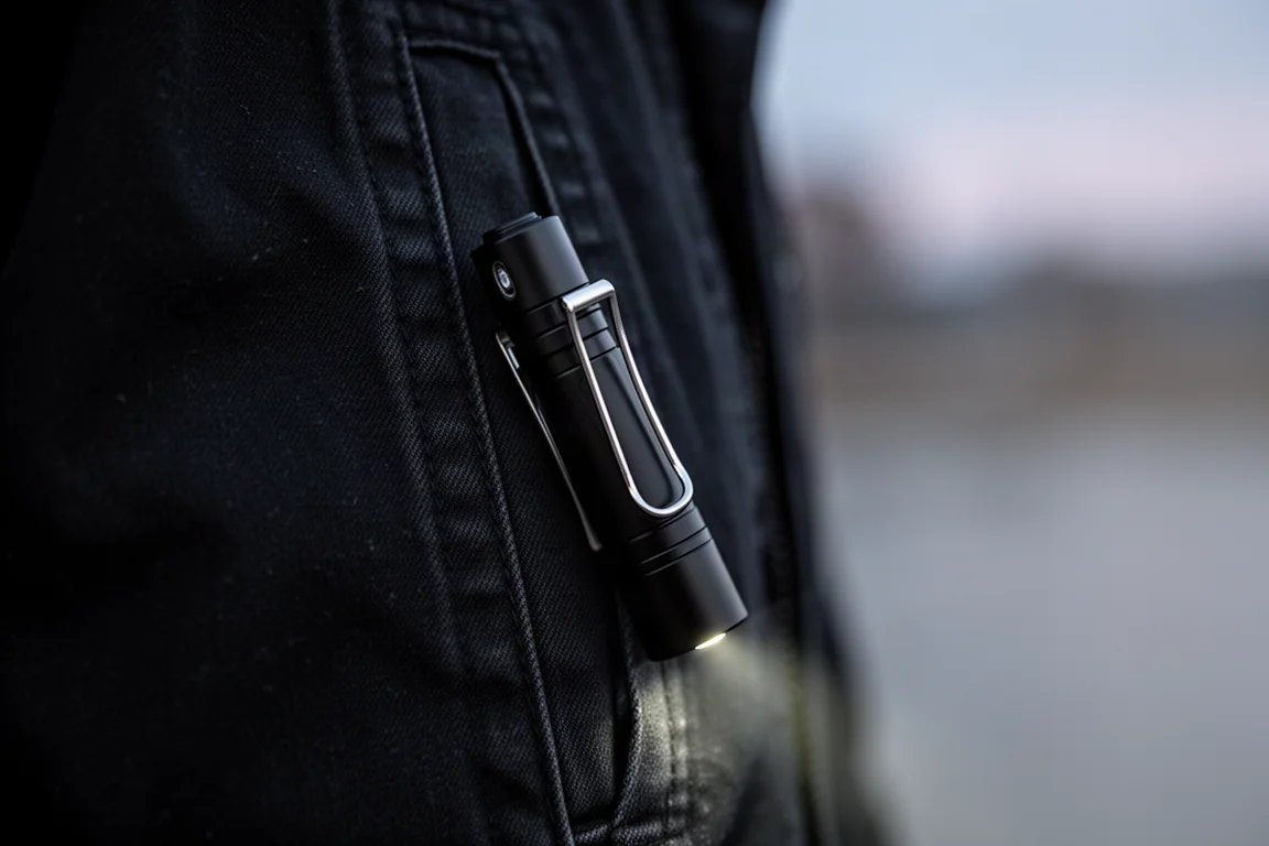 Kompakt CNC-bearbetad metallpenna vilande på en anteckningsbok med power bank i närheten