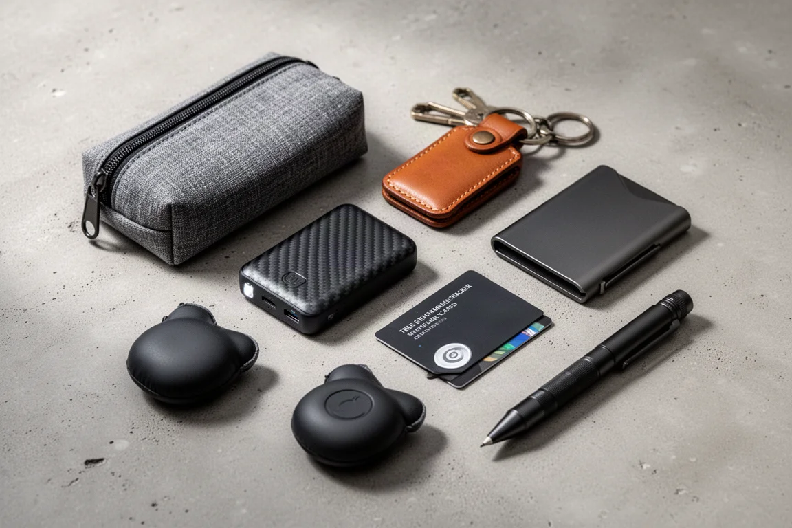 Flat-lay of ten everyday carry items including pouches, a power bank, key organizer, wallets, flashlight, hand warmers and a titanium pencil