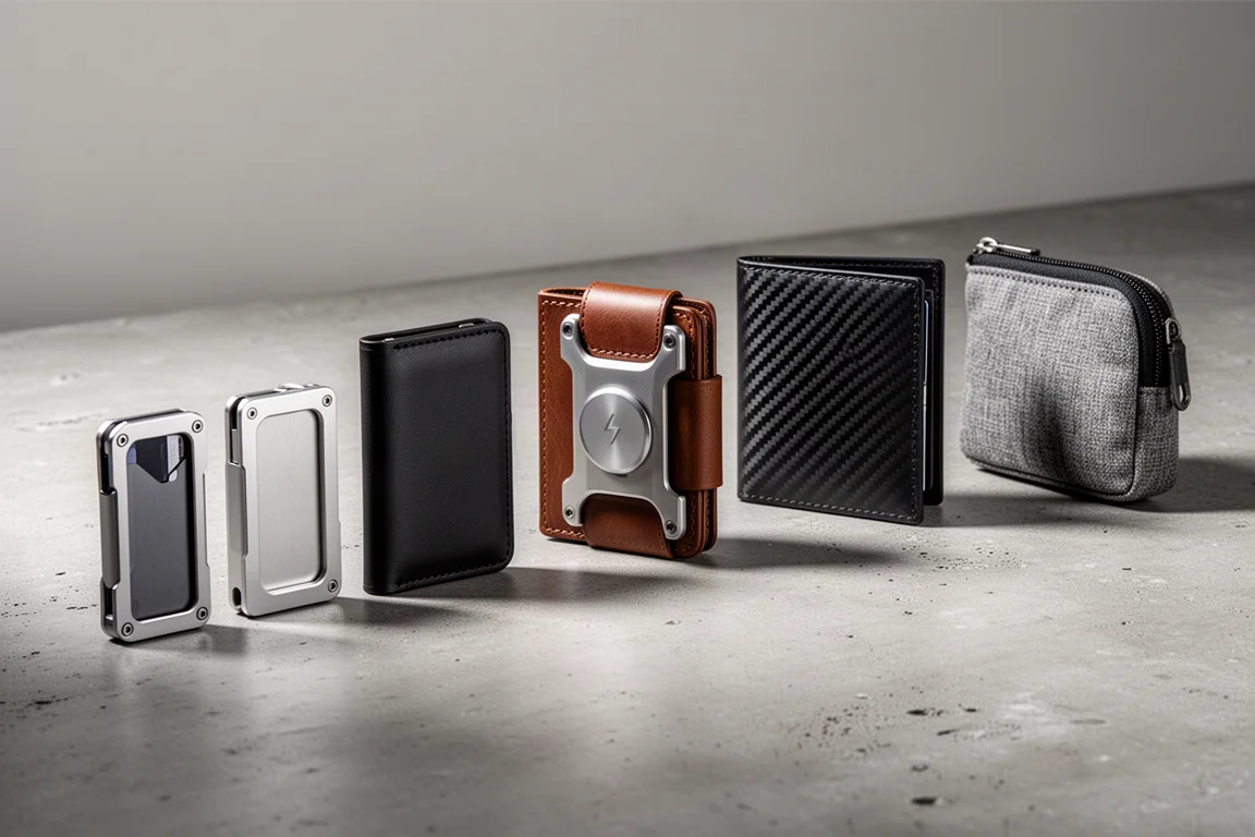 Nove portafogli minimalisti da everyday carry disposti in fila su una superficie di cemento