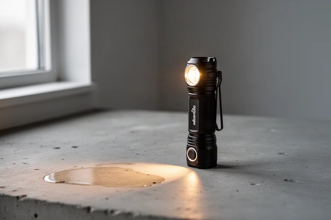Kompakt aluminiumficklampa för EDC som står uppstätt på en betongyta
