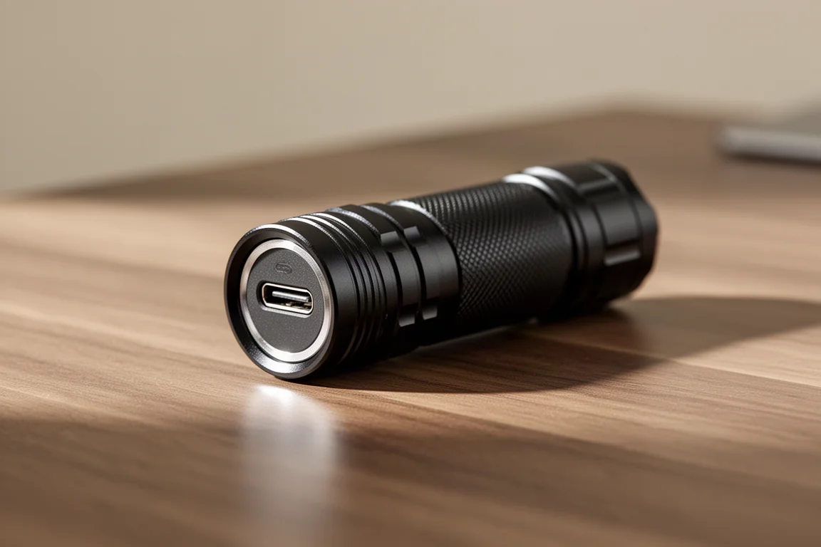 Liten uppladdningsbar ficklampa med USB-C-port synlig på ett skrivbord i trä