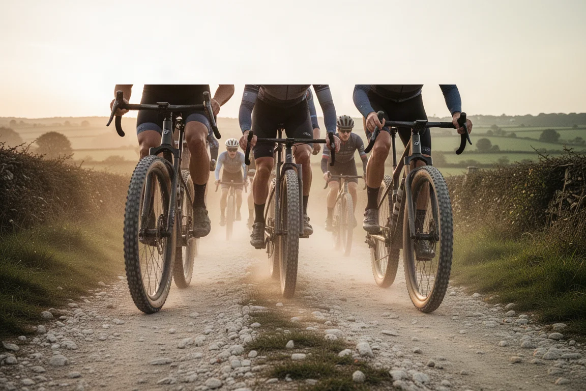 Gruppo di ciclisti gravel che pedala su una strada sterrata di calcare all'alba
