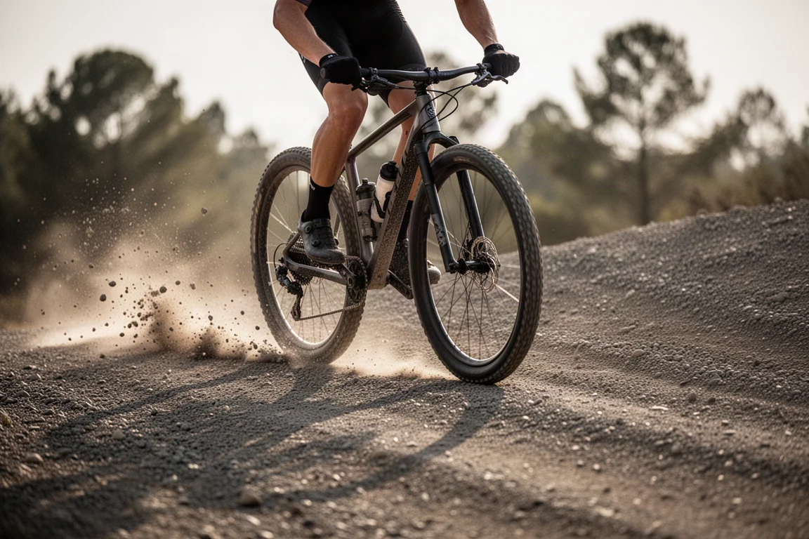 Ciclista gravel in discesa su una ripida pista di ghiaia smossa ad alta velocità