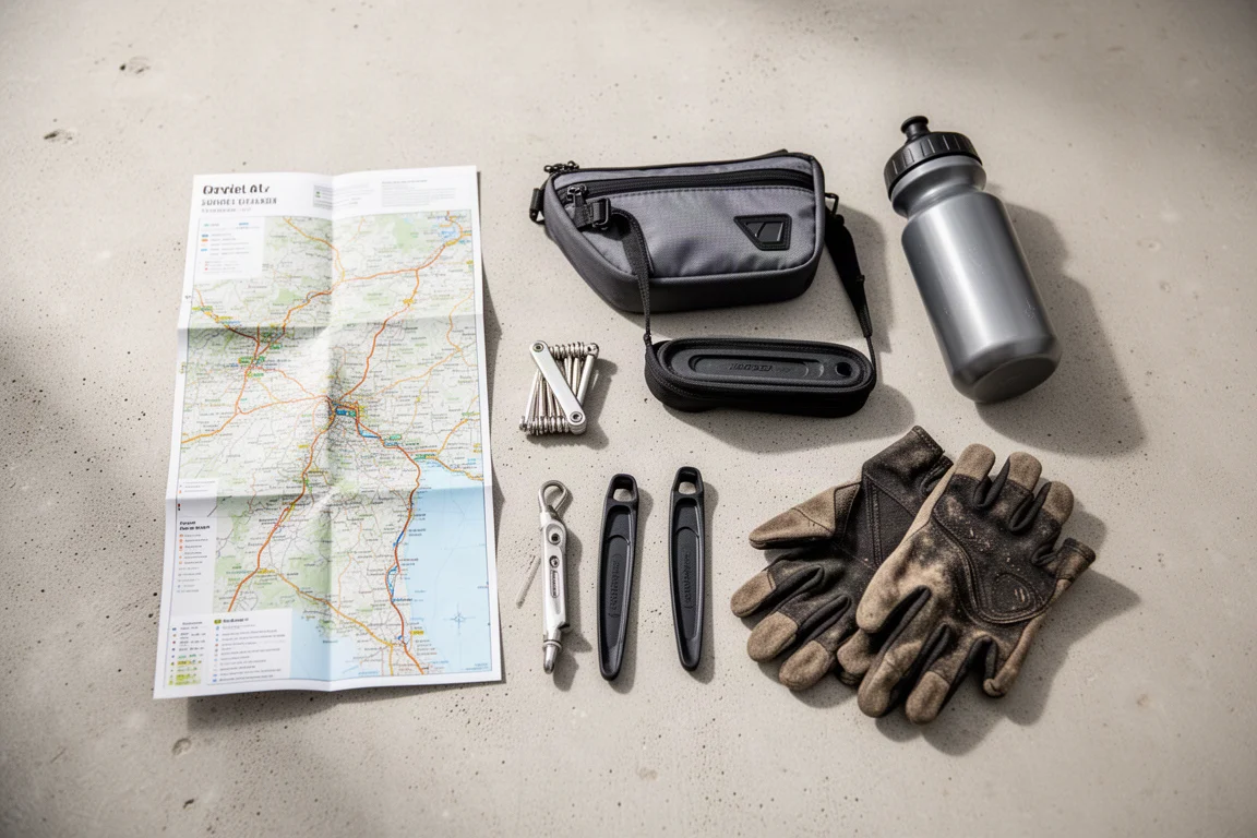Flat-lay dall'alto di accessori essenziali per il gravel su cemento chiaro