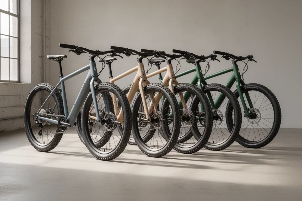 Fyra moderna gravelcyklar uppradade på ett ljust betonggolv