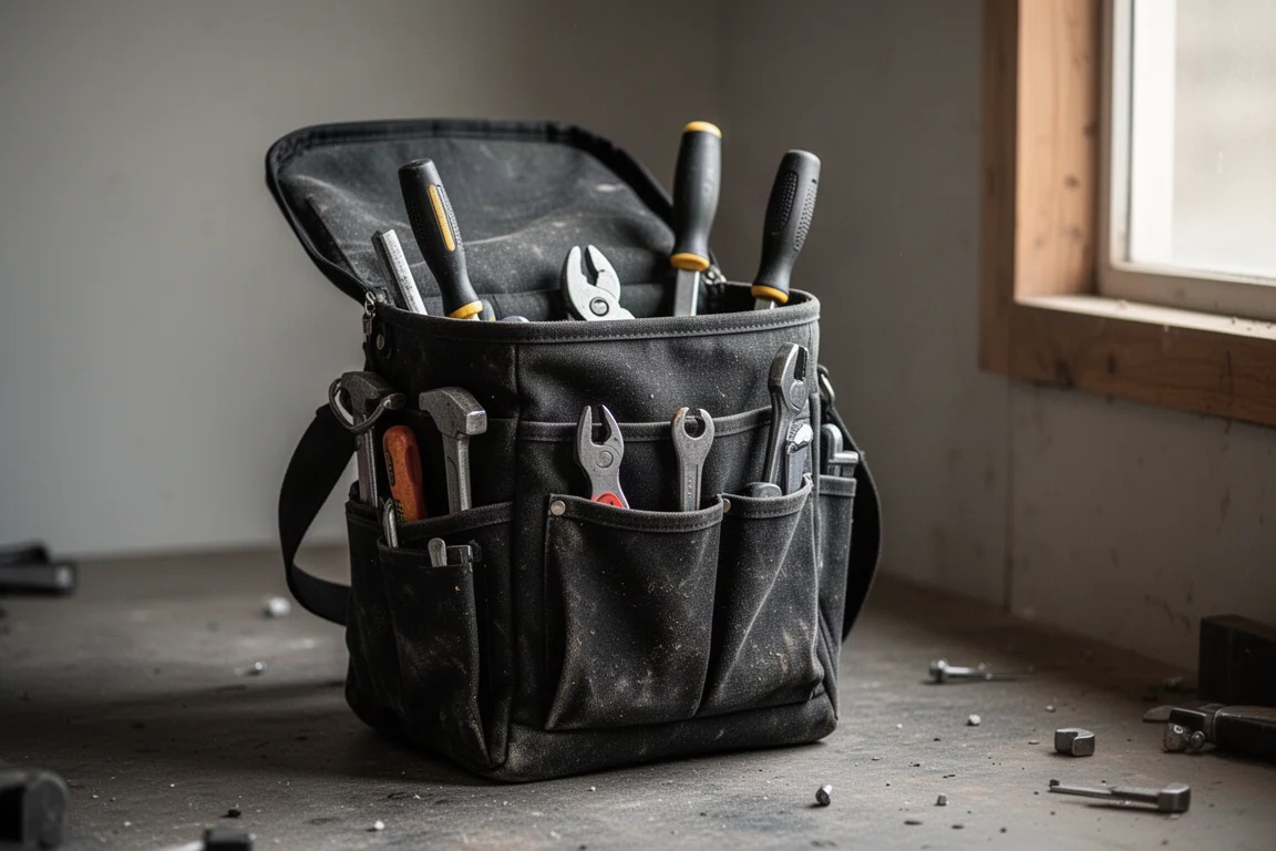 Open gereedschapstas op een garagevloer met zichtbaar gereedschap erin
