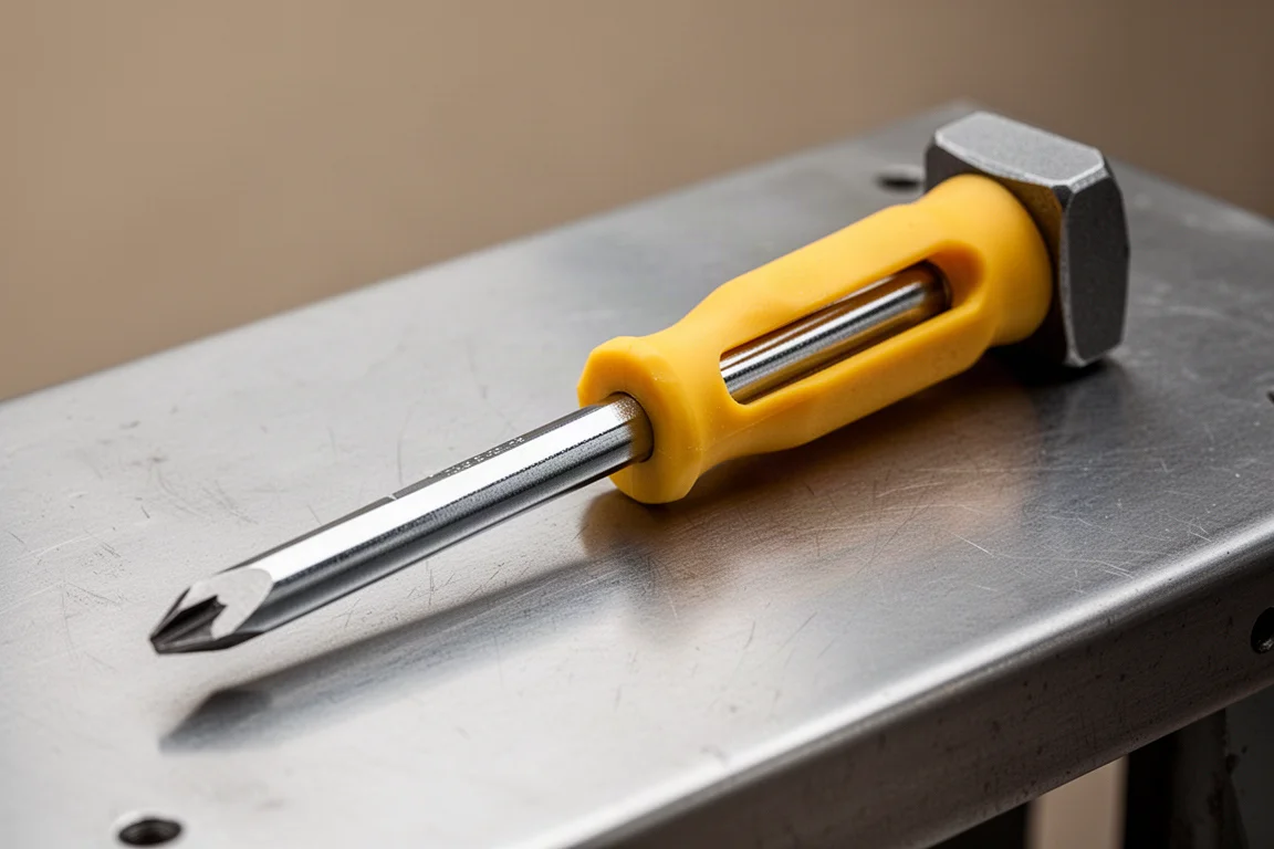 Close-up van een schroevendraaierhandgreep met slagdop en doorlopende blade