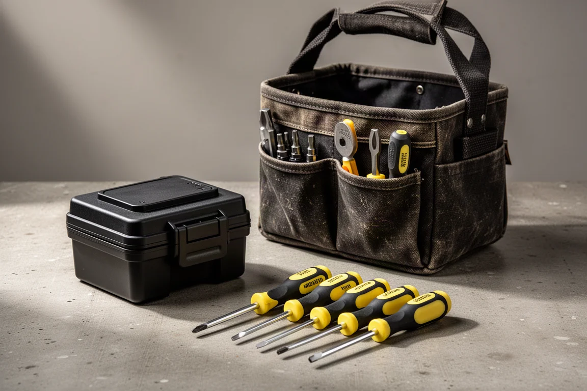 Bit case, open tool tote, and screwdriver set arranged on a concrete workbench