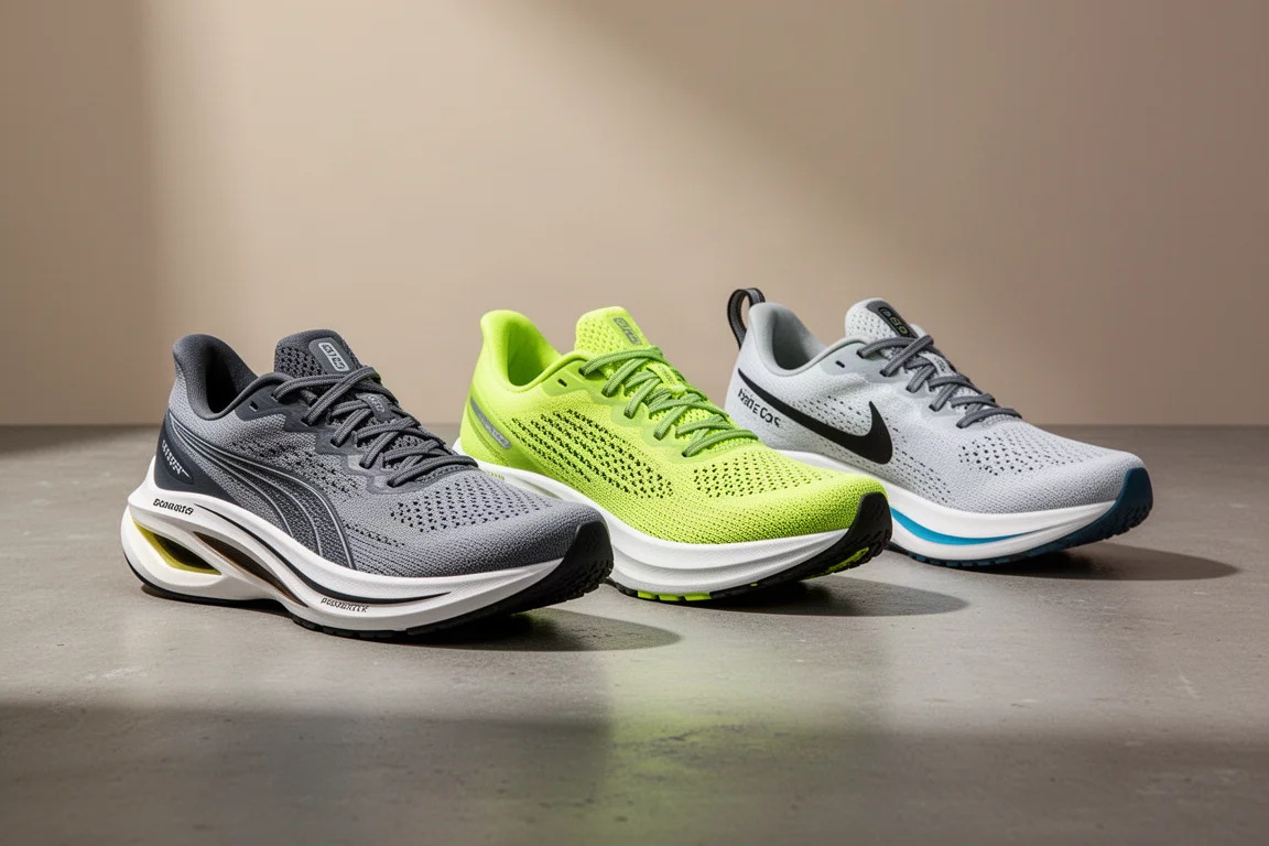 Three Hoka road running shoes arranged on a concrete surface